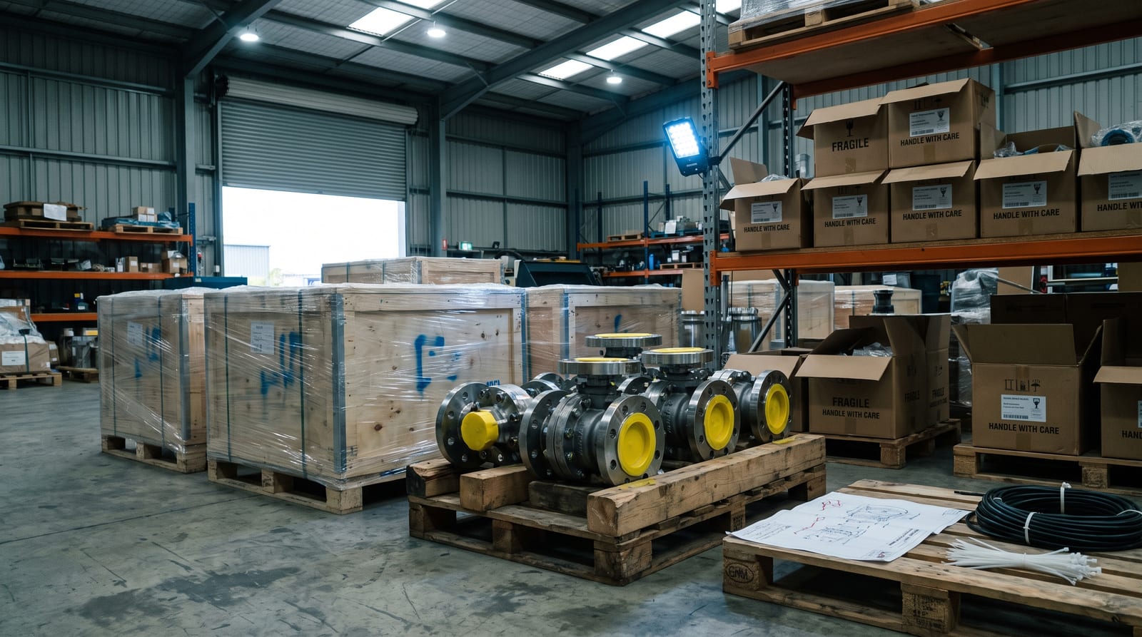 Crated and shrink-wrapped flanged valves on pallets in an equipment store, boxed instruments on racking behind and a marked-up drawing on the pallet beside them.
