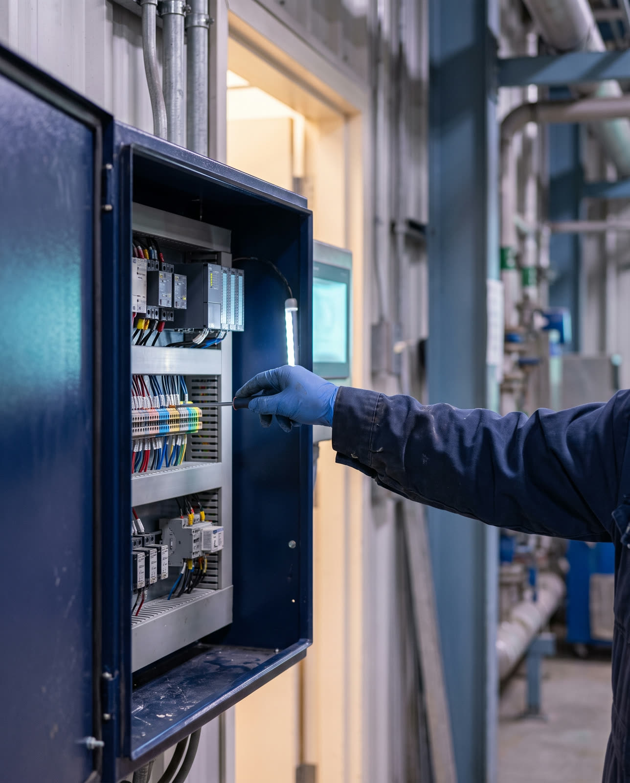 Open control panel door showing DIN-rail terminal blocks and ferruled wiring, a technician's forearm reaching in to adjust a connection.